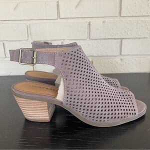 Lucky Brand Women’s 8.5 Bertel Perforated Heel Peep Toe Sandal Tan Suede Leather